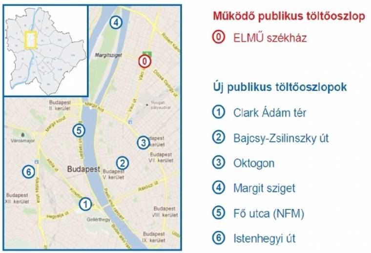 Budapesti nyilvános elektromos töltőoszlopok - térkép