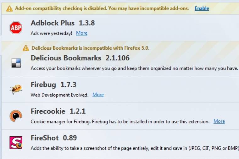 Firefox kiegészítők letiltva