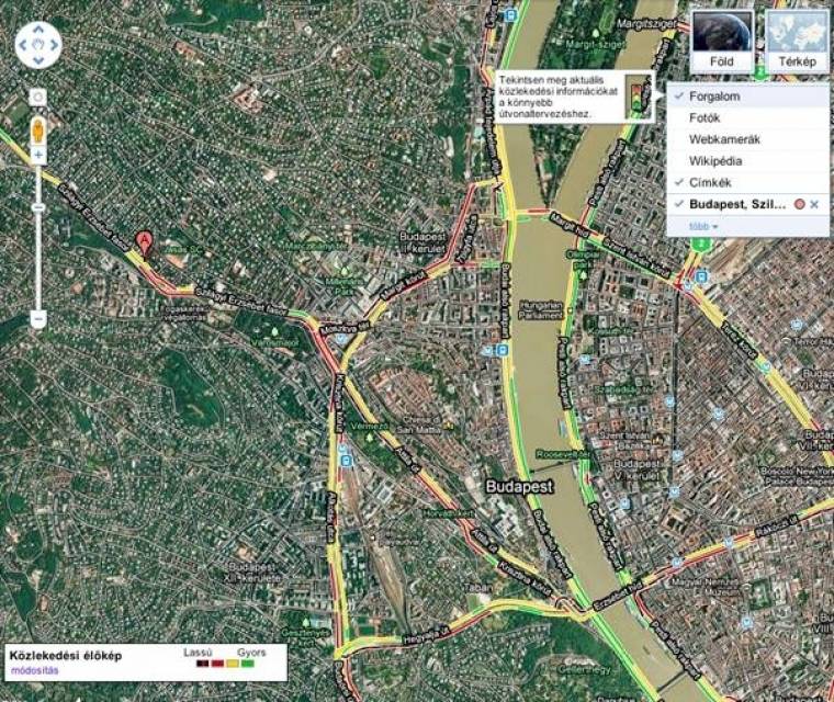 Budapesti dugóhelyzet a Google Térképen