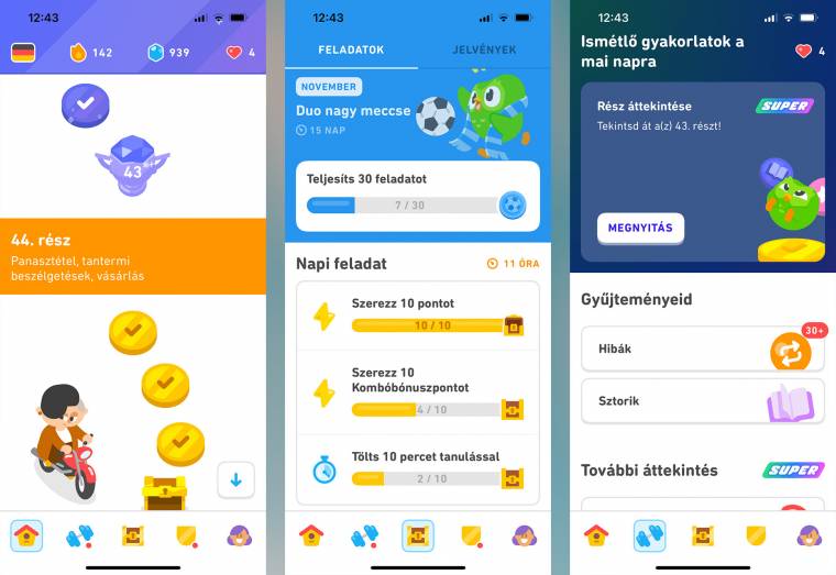 A Duolingo német és angol leckéket is kínál magyarul beszélőknek, de sajnos csak a teljes tananyag felét.