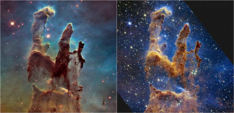 The 1995 Hubble image on the left and the JWST image of the Pillars of Creation on the right (Image: NASA)