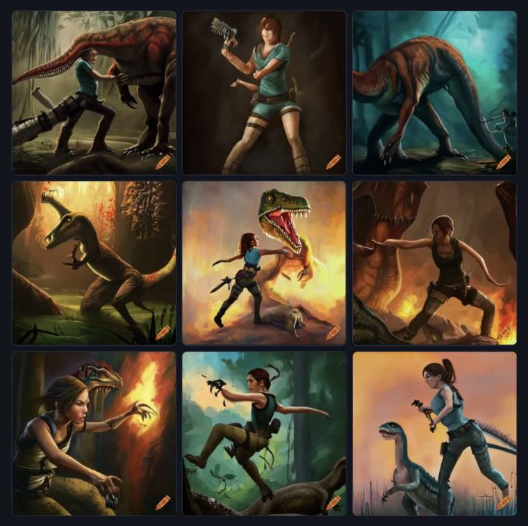 Egy festmény, amin Lara Croft dinoszaurusszal harcol