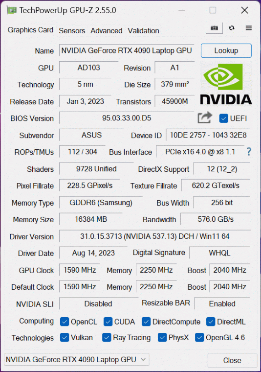 Csak a nevében 4090-es, valójában az asztali PC-kbe szánt RTX 4080-ra épül a Scar 17 X3D-ben található GPU. Így sem gyenge, a 16 GB-nyi VRAM és a DLSS 3.5 kompatibilitás pedig jövőbiztossá teszi; 5-6 évre biztosan