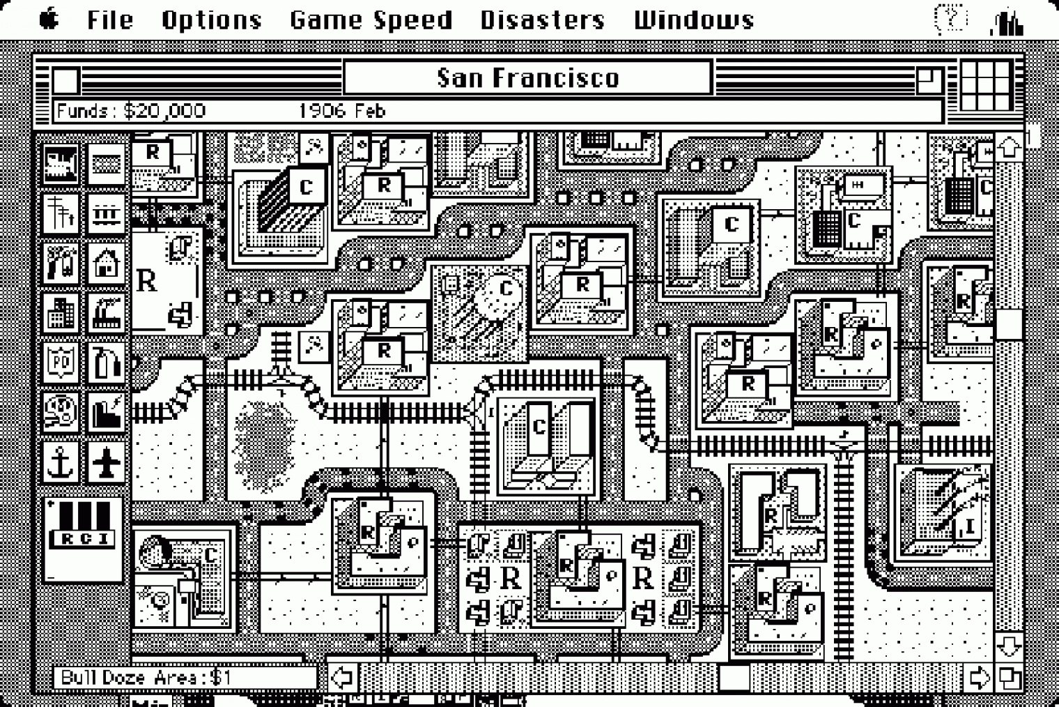 A SimCity 1989-es, Maces változata, fekete-fehérben is egész jól kinéző grafikával