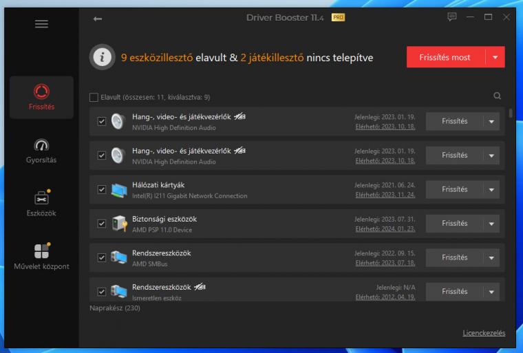 Könnyen áttekinthető listában láthatod a frissítendő driverek minden információját