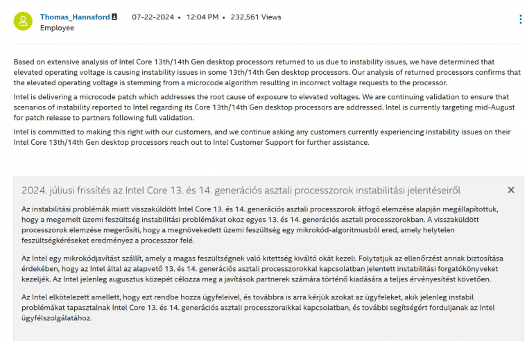 Íme a hivatalos álláspont az Intel részéről. Érkezik tehát egy mikrokód-frissítés, de nem csodálkozunk azon, ha most sokan inkább AMD platformra építik az új konfigjukat.