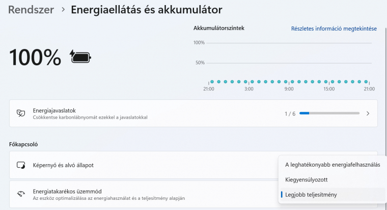 Notebookoknál hasznos lehet a maximális teljesítmény módot választani, amennyiben töltőre van csatlakoztatva PC-d