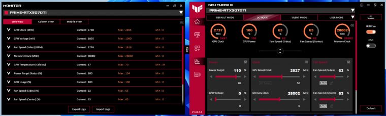 Némi gyári tuningot és teljesen normális értékeket jelez vissza a GPU Tweak III. Nagy kár, hogy a hőtérkép és a 12VHPWR csatlakozást figyelő funkció nem érhető el ennél a típusnál