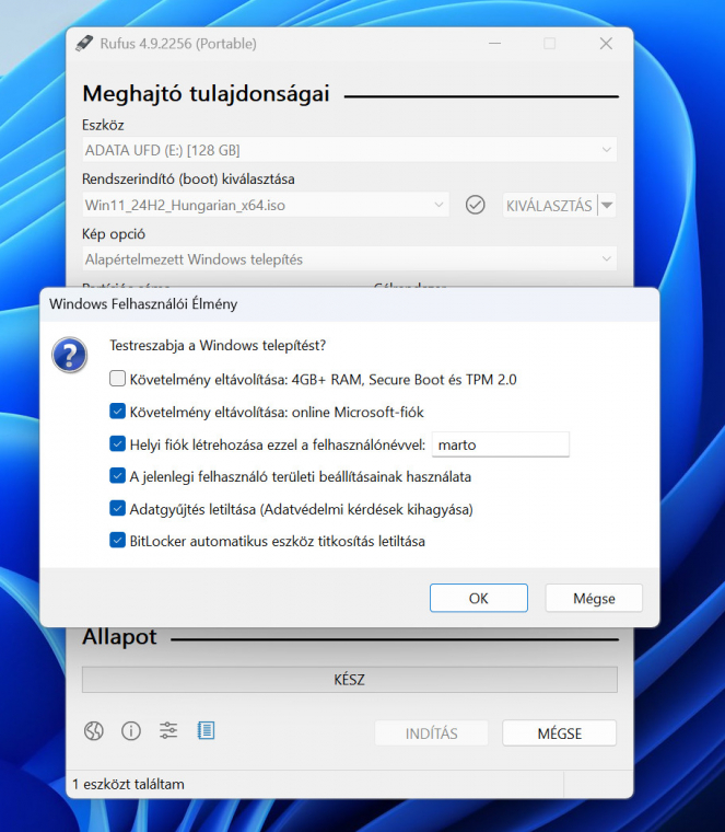 A Rufus lehetőséget ad arra, hogy már eleve olyan Windows 11 telepítő USB kulcsot készíts, ami nem tartalmazza a legfájdalmasabb korlátozásokat
