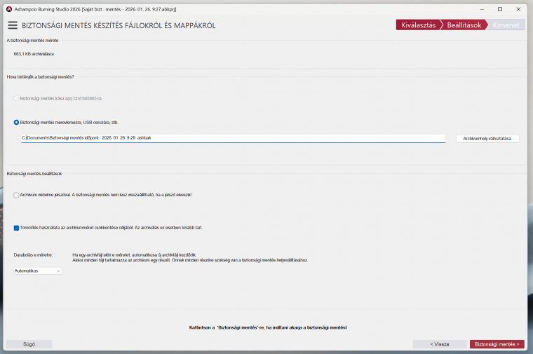 A szoftver képes automatikusan több lemezre darabolni a fájlokat, valamint jelszavas védelmet is aktiválhatsz