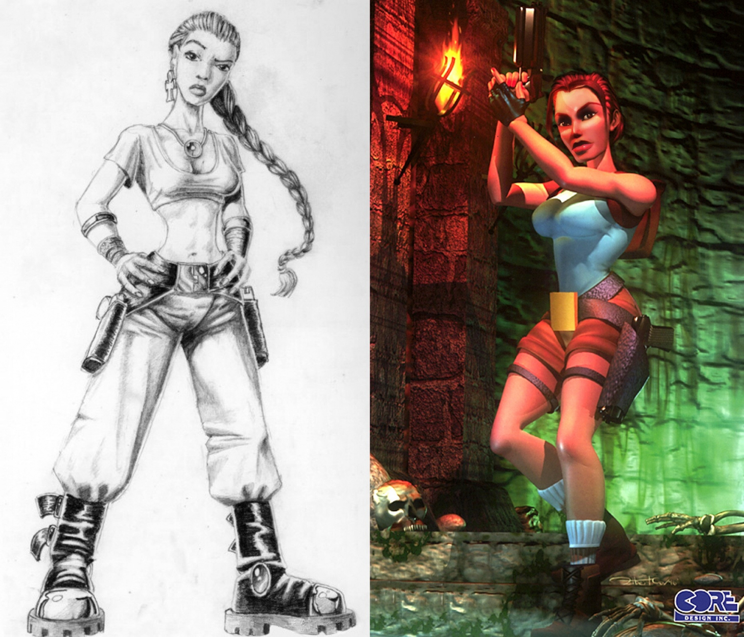 Laura Cruz (bal) és Lara Croft (jobb) koncepciós rajza