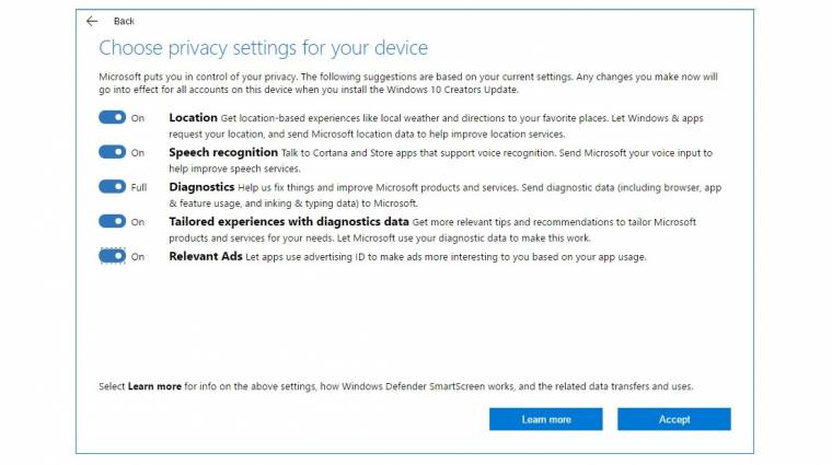 Csiszol az adatvédelmi beállításokon a Windows 10 kép